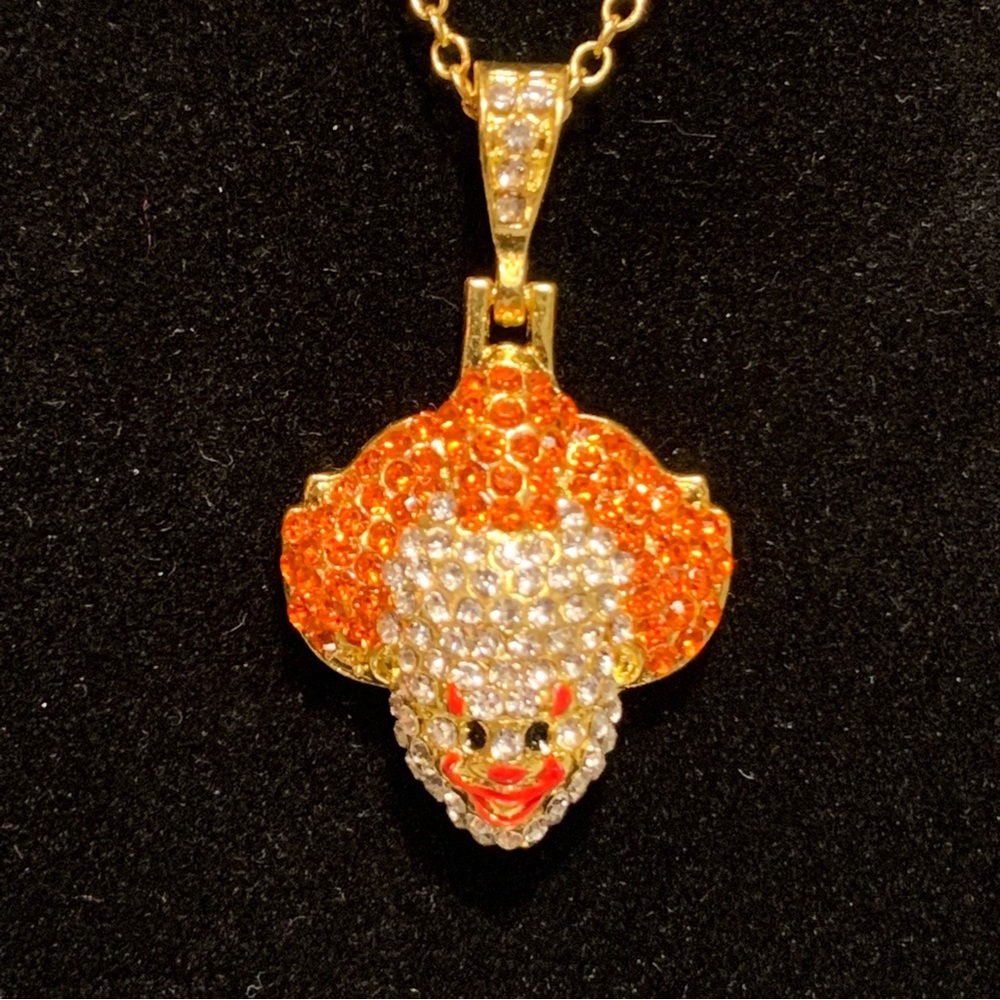 Evil Clown Pendant Charm with Multicolor Rhinestones on Gold Tone Necklace